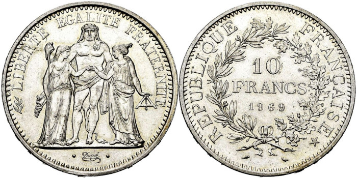 FRANCIA - K-0932.- 10 FRANCOS 1969 SC - PLATA