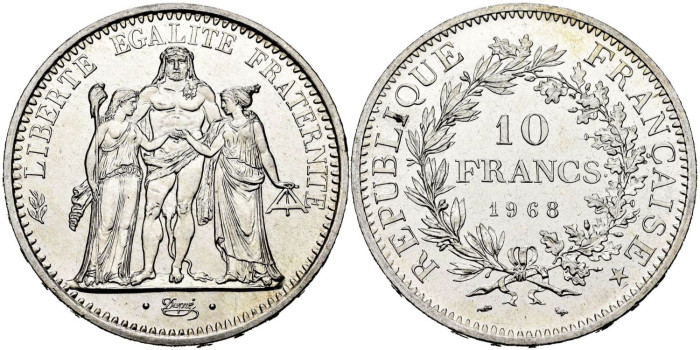 FRANCIA - K-0932.- 10 FRANCOS 1968 SC - PLATA