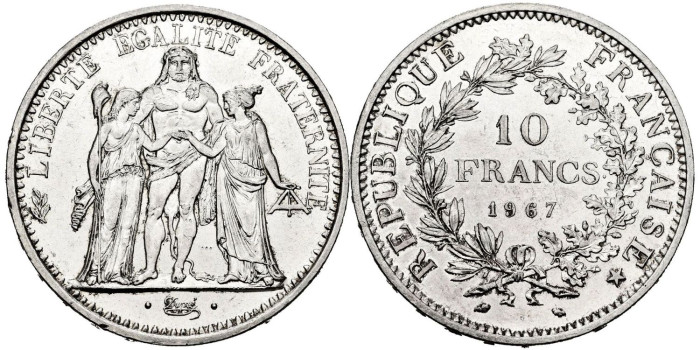 FRANCIA - K-0932.- 10 FRANCOS 1967 SC - PLATA
