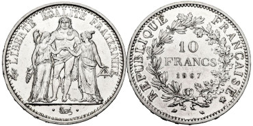 FRANCIA - K-0932.- 10 FRANCOS 1967 SC - PLATA