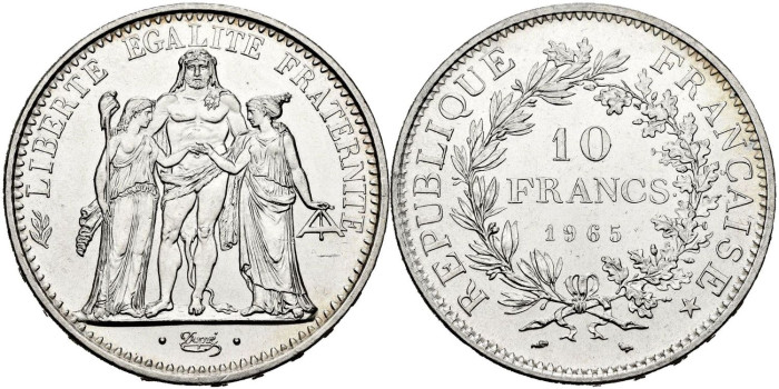 FRANCIA - K-0932.- 10 FRANCOS 1965 SC - PLATA
