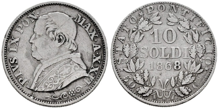 VATICANO - K1376 - 10 SOLDIS 1868 Pio IX, MBC
