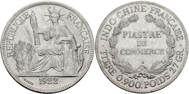FRANCIA / INDOCHINA FRANCESA - K-05a.3 - 3 Piastras 1922. PLATA