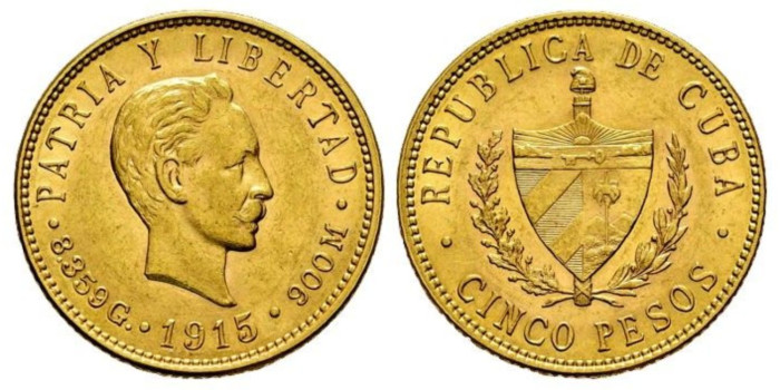 CUBA - K-019 - 5 PESOS 1915 JOSE MARTI -ORO