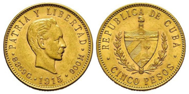 CUBA - K-019 - 5 PESOS 1915 JOSE MARTI -ORO