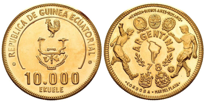 GUINEA ECUATORIAL - K-041.- 10.000 EUKELE 1978 ARGENTINA FUTBOL. PROOF - ORO