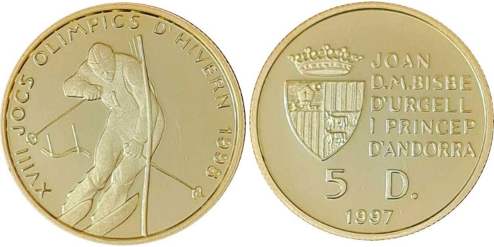 ANDORRA K-0141 - 5 DINAR ANDORRA 1997 -JJ.OO ESQUI. 1/10 Oz. ORO