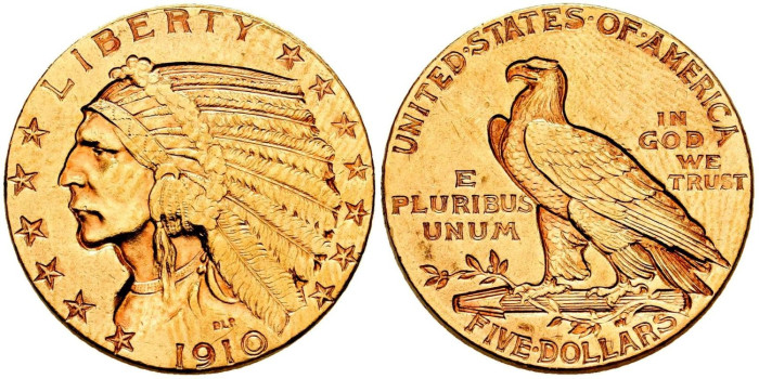 EE.UU - K-129 - 5 DOLLAR  INDIAN HEAD 1910 . ORO