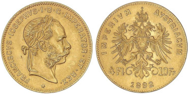 AUSTRIA - K-2260 - 4 FLORIN-10 FRANCOS- 1892 -ORO