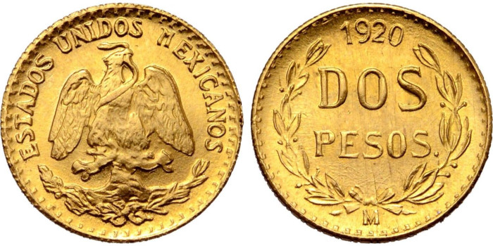 MEXICO K-461 - 2 PESOS MEXICANOS DE ORO