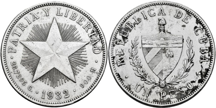 CUBA K015 - 1 Peso 1932 - MBC+