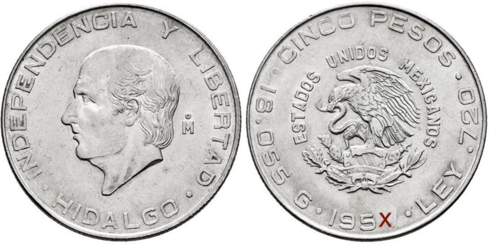 MEXICO - K469 - 5 PESOS 1955/7 "HIDALGO". PLATA