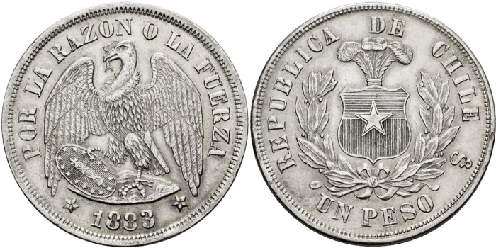 CHILE - K142 - 1 Peso 1883 - MBC+ 