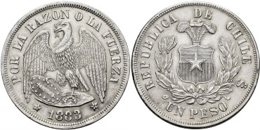 CHILE - K142 - 1 Peso 1883 - MBC+ 