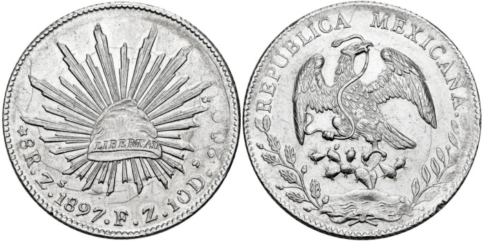MEXICO - K-377.2 - 8 REALES 1897 ZACATECAS F.Z - EBC+