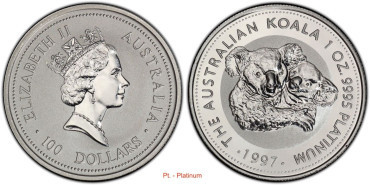 AUSTRALIA 100 DOLLAR -1 ONZA PLATINO KOALA 1997. Pt. PROOF