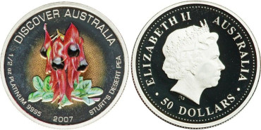 AUSTRALIA 50 DOLLAR 1/2 ONZA PLATINO 2007 "STURTS DESERT PEA". Pt. PROOF