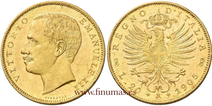 ITALIA K-037.1 - 20 LIRE 1905 R -S.C . ORO. RARA