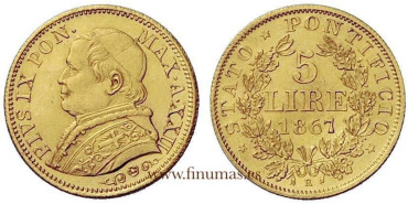 VATICANO K-1380 - 5 LIRE 1867 R -S.C. B.O- ORO. RARA
