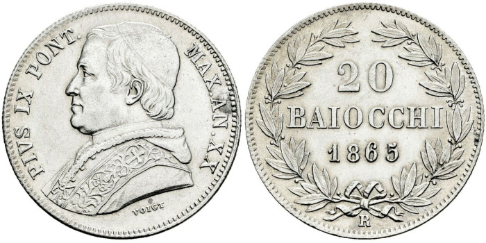 VATICANO - K-1360a- 20 Baiocchi 1865 XX r. EBC