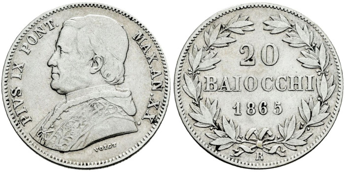 VATICANO - K-1360b- 20 Baiocchi 1865 XX r. MBC-