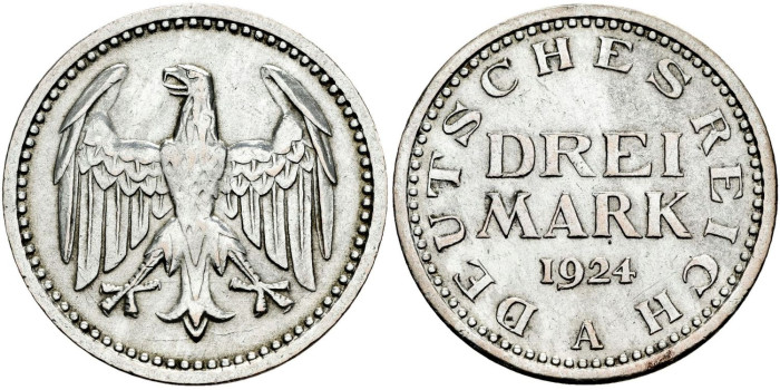 MONEDAS ALEMANIA - R. WEIMAR - K-43 3 Marcos 1924 A. MBC+
