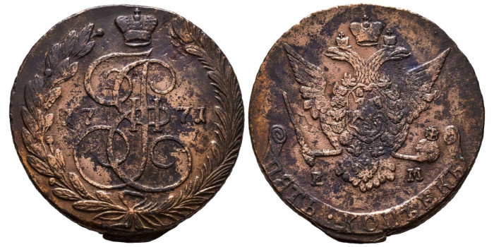 RUSIA - IMPERIO - K-059.3a - 5 Kopeks 1771 - MBC-. Catalina II