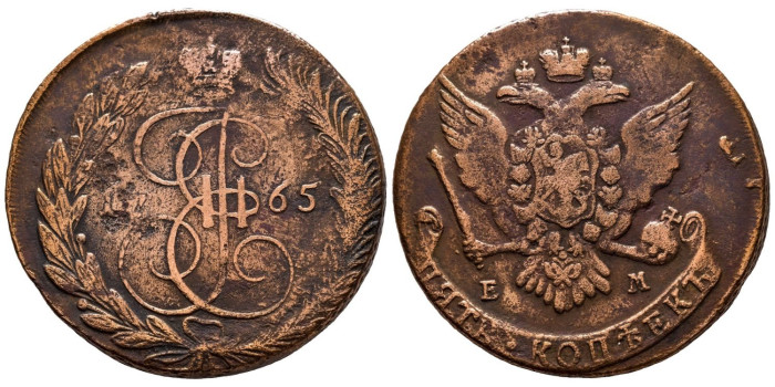 RUSIA - IMPERIO - K-059.3 - 5 Kopeks 1765 - BC. Catalina II