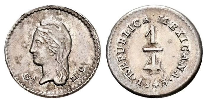 MEXICO - K368.3 - 1/4 REAL 1843 Guadalajara MC - EBC+