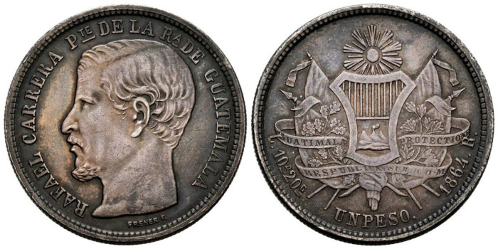 GUATEMALA K182 - 1 Peso 1864 Rafael Carrera - EBC+