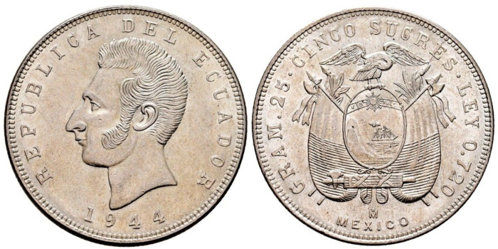 ECUADOR - K-079 - 5 Sucres 1944 - SC