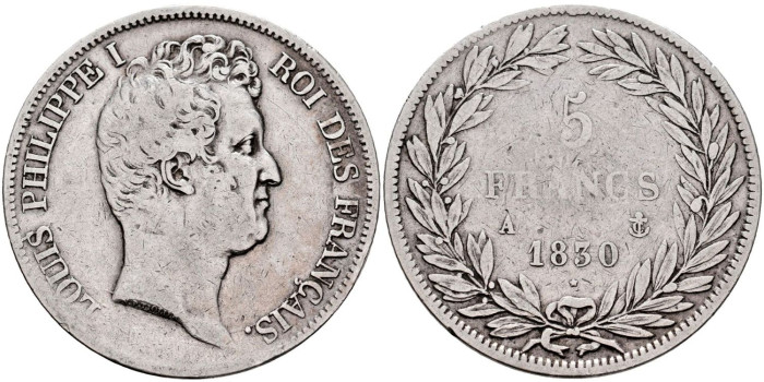 FRANCIA - K-735.- 5 FRANCOS 1830 A- BC+