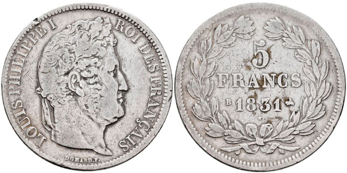 FRANCIA - K-744.- 5 FRANCOS 1831 B - BC-