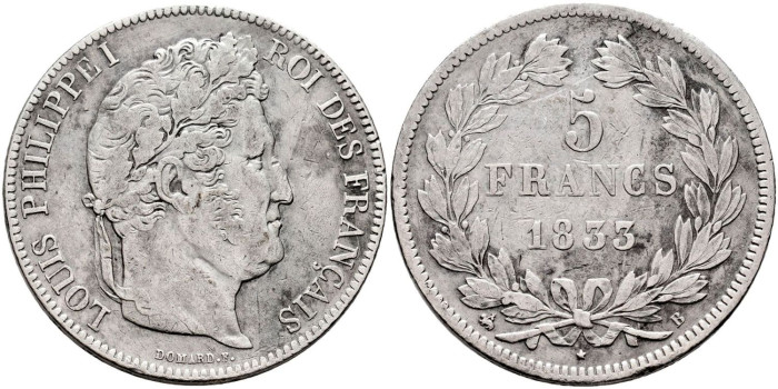 FRANCIA - K-749.- 5 FRANCOS 1833 B - MBC