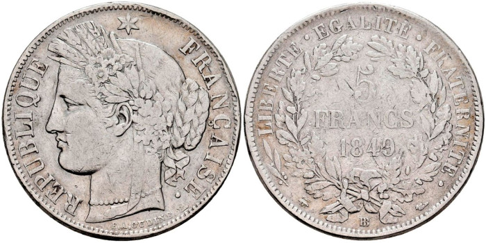 FRANCIA - K-761.- 5 FRANCOS 1849 BB - MBC-