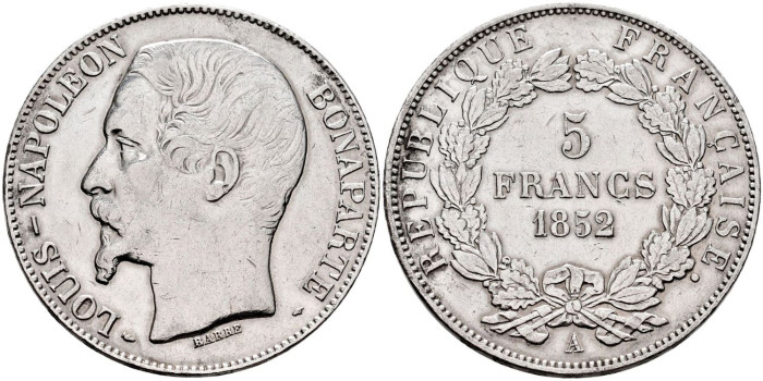 FRANCIA - K-773.- 5 FRANCOS 1852 A - MBC+
