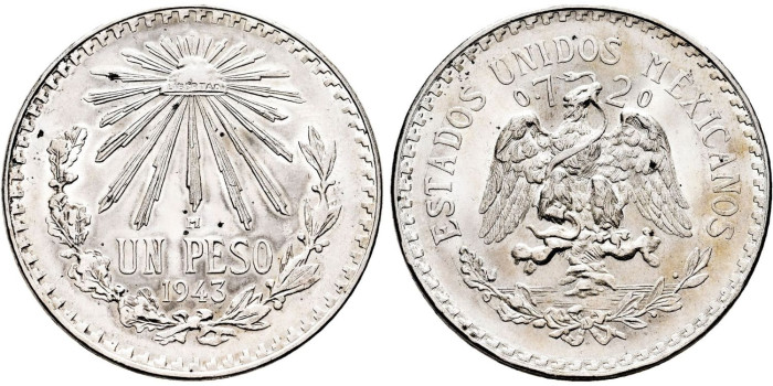 MEXICO - K-455  1 Peso 1943. SC -PLATA