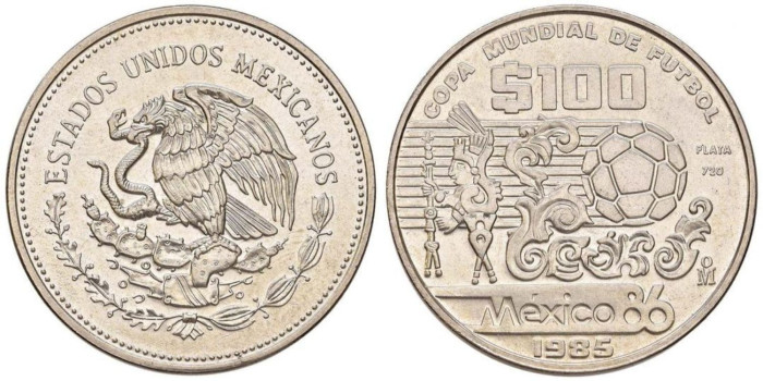 MEXICO - K-499 - 100 PESOS MEXICANOS DE PLATA 1985- MUNDIAL FUTBOL MEXICO 86