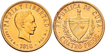 CUBA - K-018 - 4 Pesos 1916 Jose Martí. Oro - S.C 