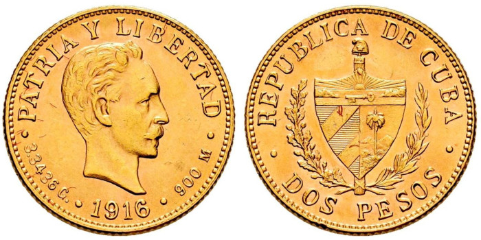 CUBA - K-017 - 2 Pesos 1916 Jose Martí. Oro - S.C 