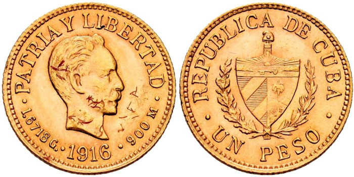CUBA - K-016 - 1 Pesos 1916 Jose Martí. Oro - S.C 