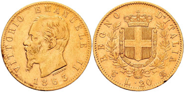 ITALIA - K010.1 - 20 Lira 1863. Oro - MBC+
