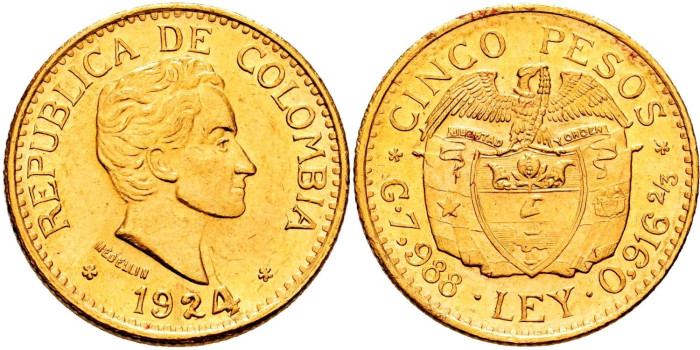 COLOMBIA - K-201.1 - 5 Pesos 1924 Bolivar. Oro - SC