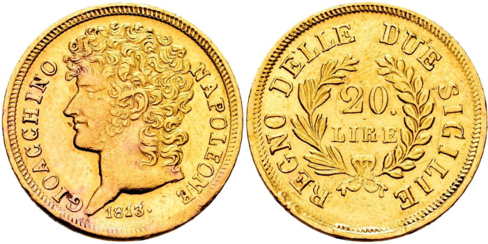 ITALIA - NAPOLES Y SICILIA - K-264 - 20 Lira 1813. Oro - SC-