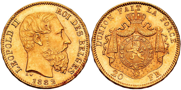 BELGICA - K-037 20 Francos 1882 Leopoldo II. Oro- SC
