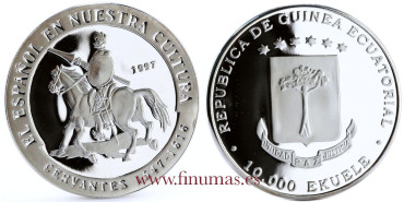 GUINEA ECUATORIAL - K-0GQ32.- 10.000 EUKELE 1997 CERVANTES y QUIJOTE. PROOF - PLATA