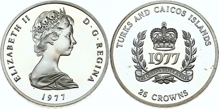 TURKS AND CAICOS - K-019 - 25 CROWN 1977. PROOF