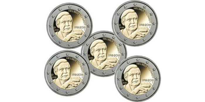 2 EUROS CONMEMORATIVOS ALEMANIA 2018 "HELMUT" (Juego 5 cecas)