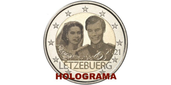 2 EUROS CONMEMORATIVOS LUXEMBURGO 2021 "40 ANIV. BODA REAL"- NORMAL Y HOLOGRAMA