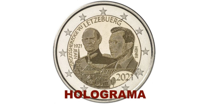 2 EUROS CONMEMORATIVOS LUXEMBURGO 2021 "NAC. GRAN DUQUE JEAN"- NORMAL Y HOLOGRAMA